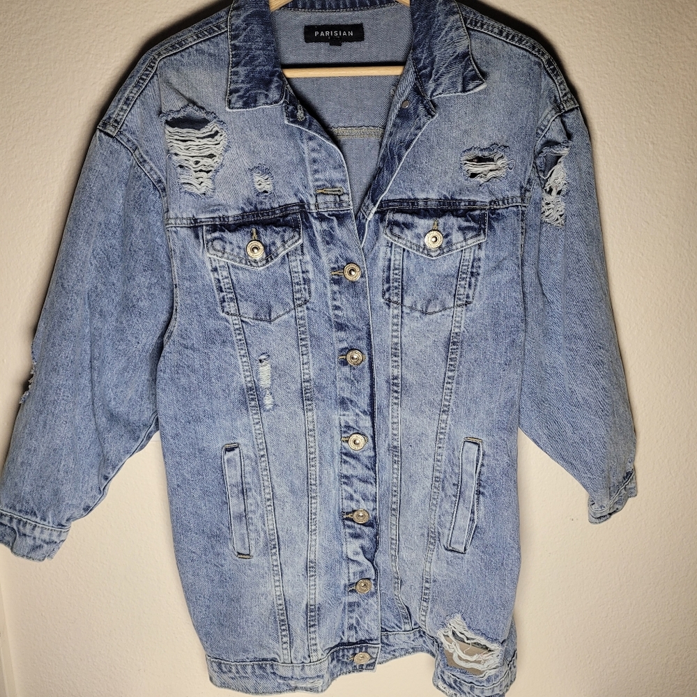 Asos Parisian Distressed Ripped Acid Wash Sz Small Petite Oversized Denim Jacket
